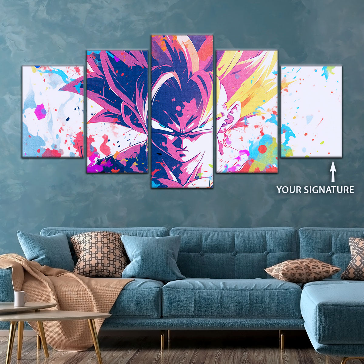 Dragon Ball Z Goku Super Saiyan Canvas Wall Art - 5 Piece Split Panel Anime Poster - Framed Ready to Hang Living Room Man Cave Decor - DR5038