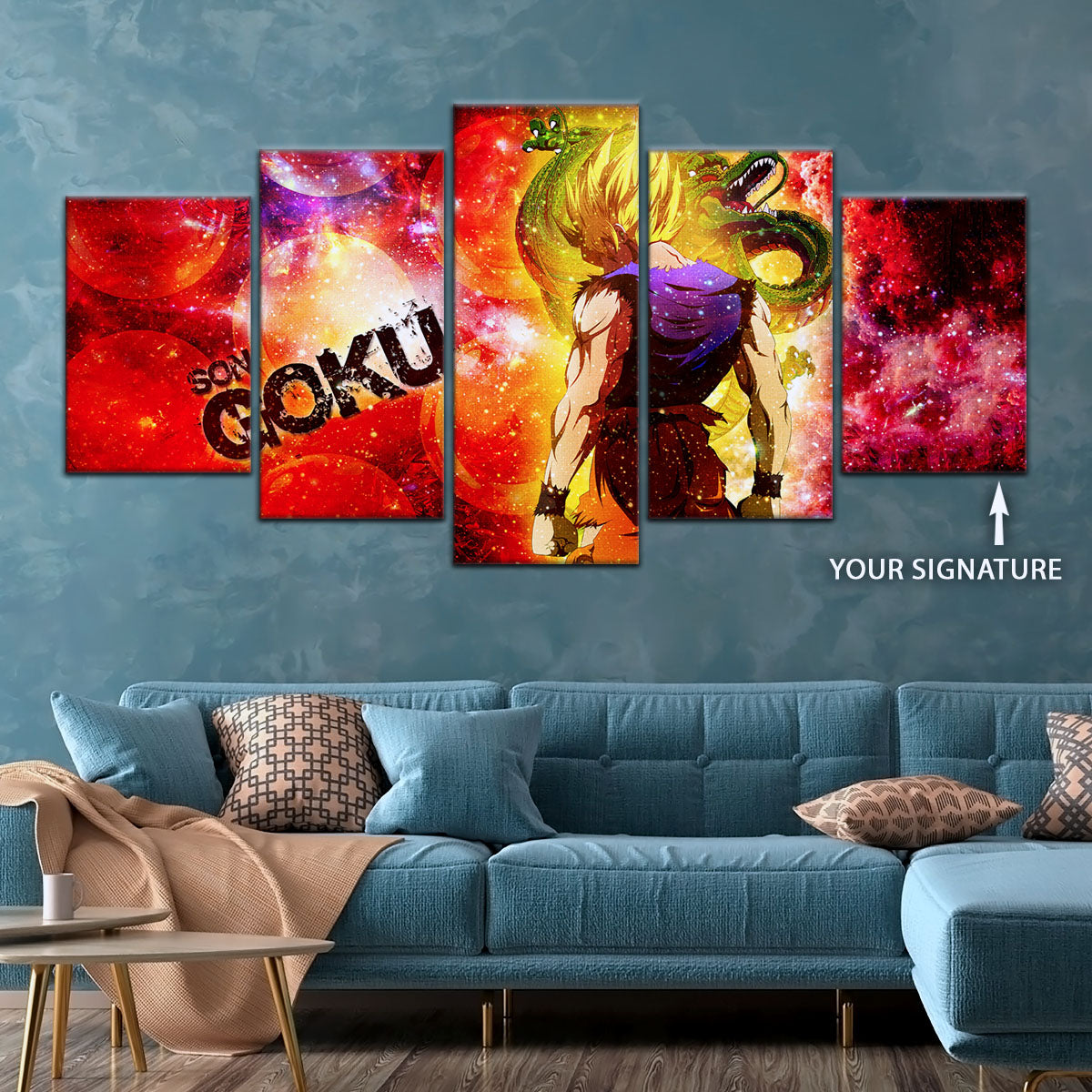 Dragon Ball Z Goku and Shenron Canvas Wall Art - 5 Piece Split Panel Anime Poster - Framed Ready to Hang Living Room Man Cave Decor - DR5070