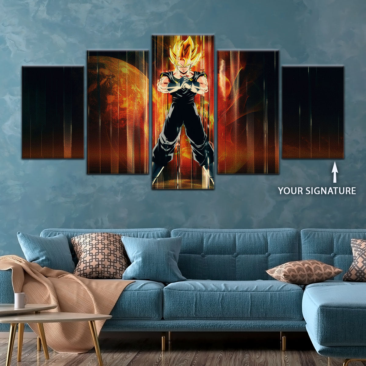 Dragon Ball Z Super Saiyan Vegito Canvas Wall Art - 5 Piece Split Panel Anime Poster - Framed Ready to Hang Living Room Man Cave Decor - DR5129
