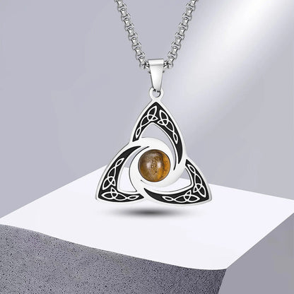 Viking - Ethnic Celtic Knot Necklaces for Men, Stainless Steel Tiger Eye Stone Charm Choker Collar