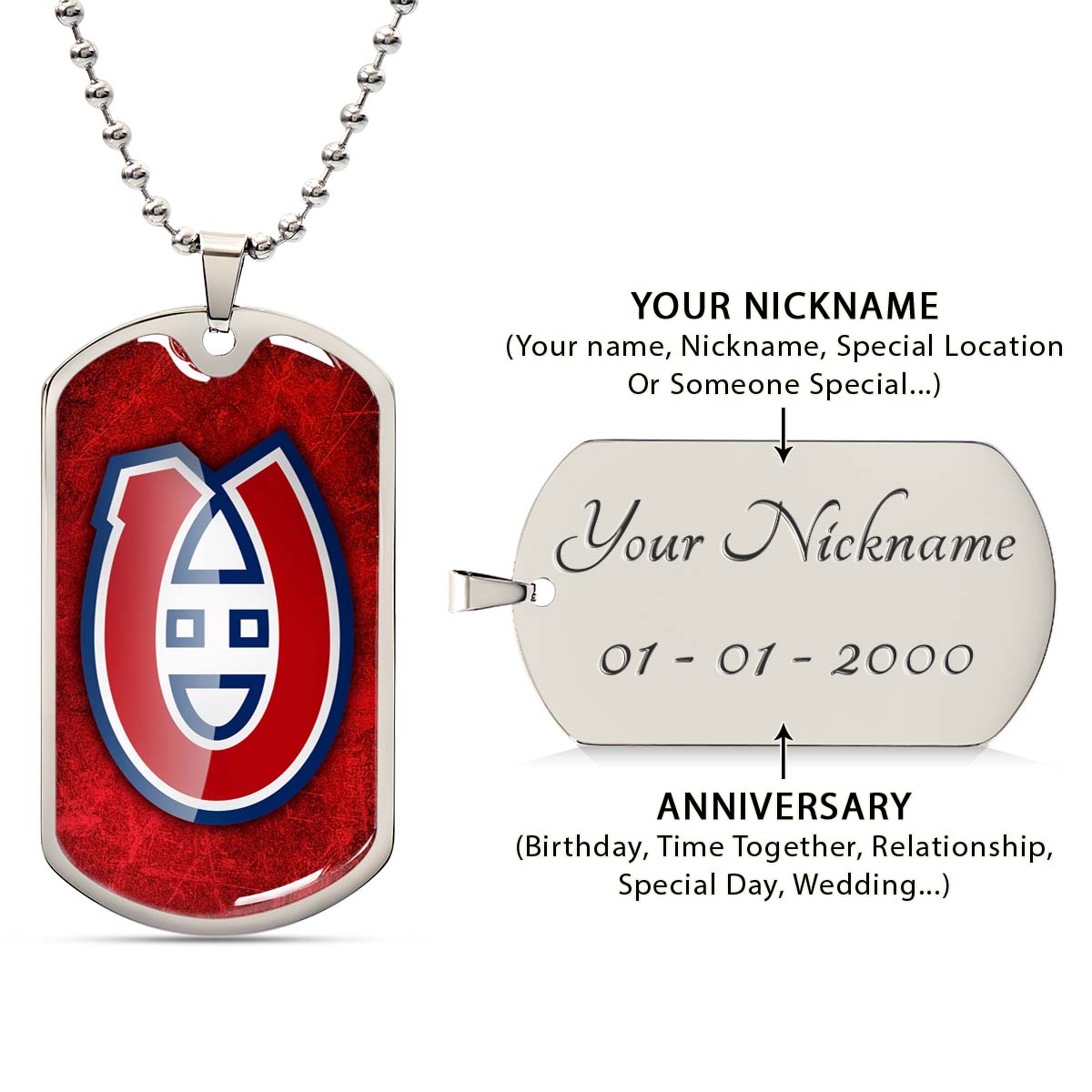 Hockey Dog Tag Necklace - HKD005 - Canadiens - Military Ball Chain