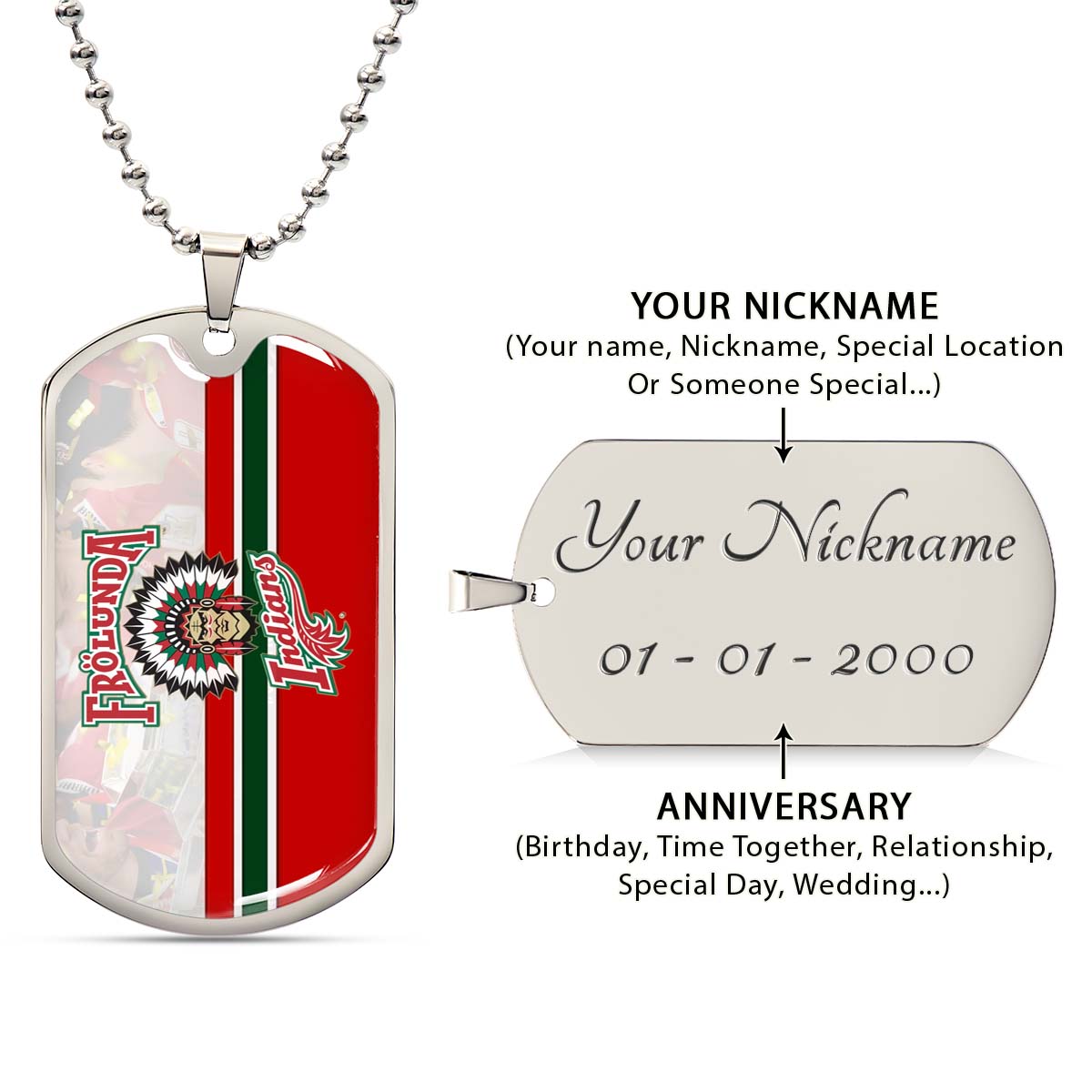 Hockey Dog Tag Necklace - HKD006 - Frolunda Indians - FHC Golden - Military Ball Chain