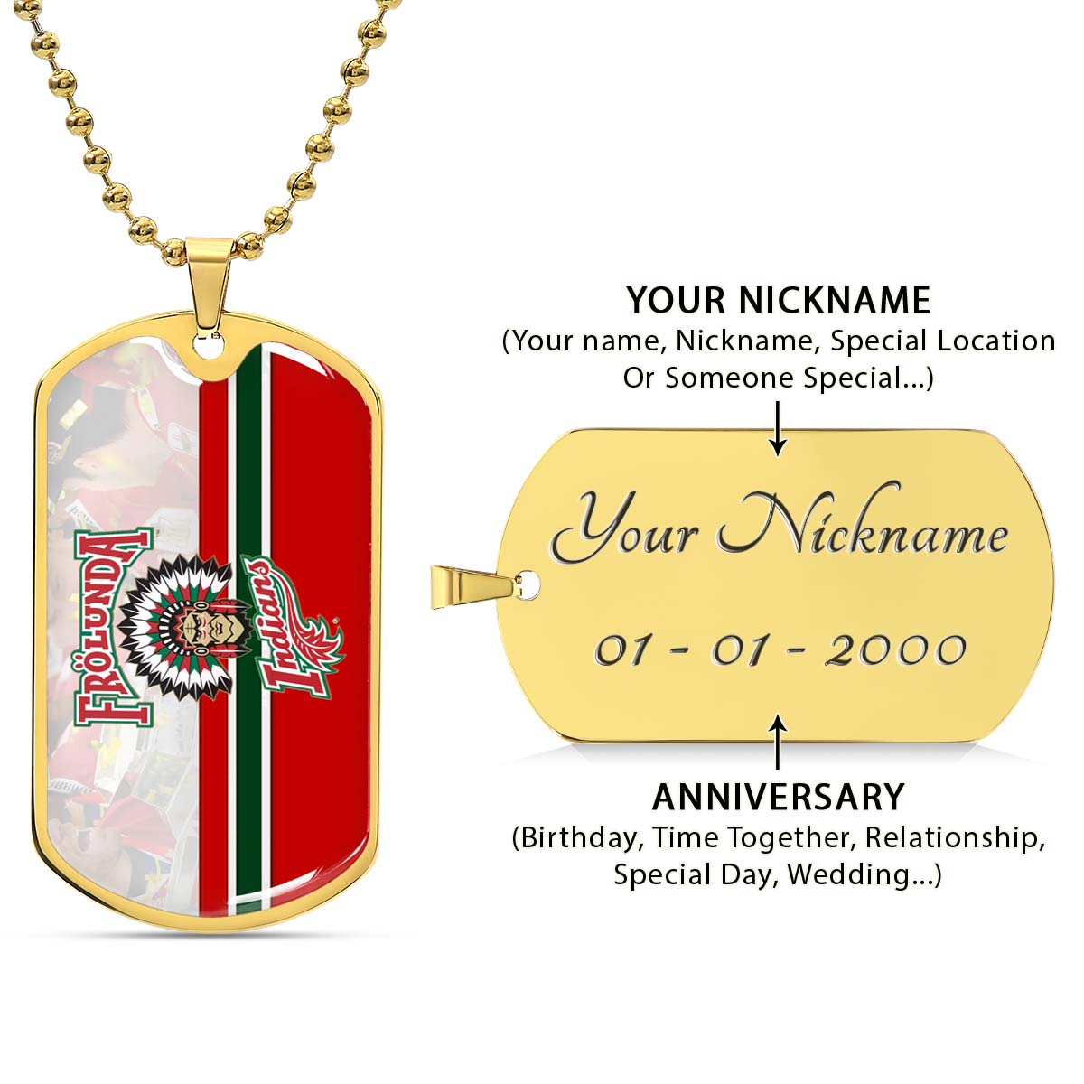 Hockey Dog Tag Necklace - HKD006 - Frolunda Indians - FHC Golden - Military Ball Chain