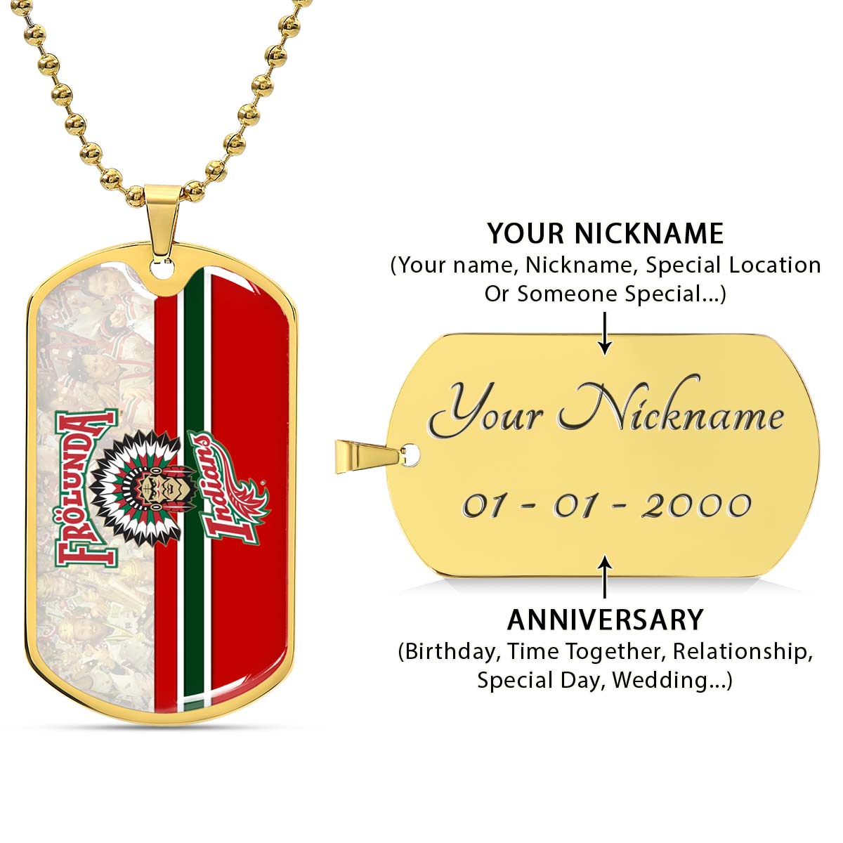 Hockey Dog Tag Necklace - HKD008 - Frolunda Indians - FHC Golden - Military Ball Chain