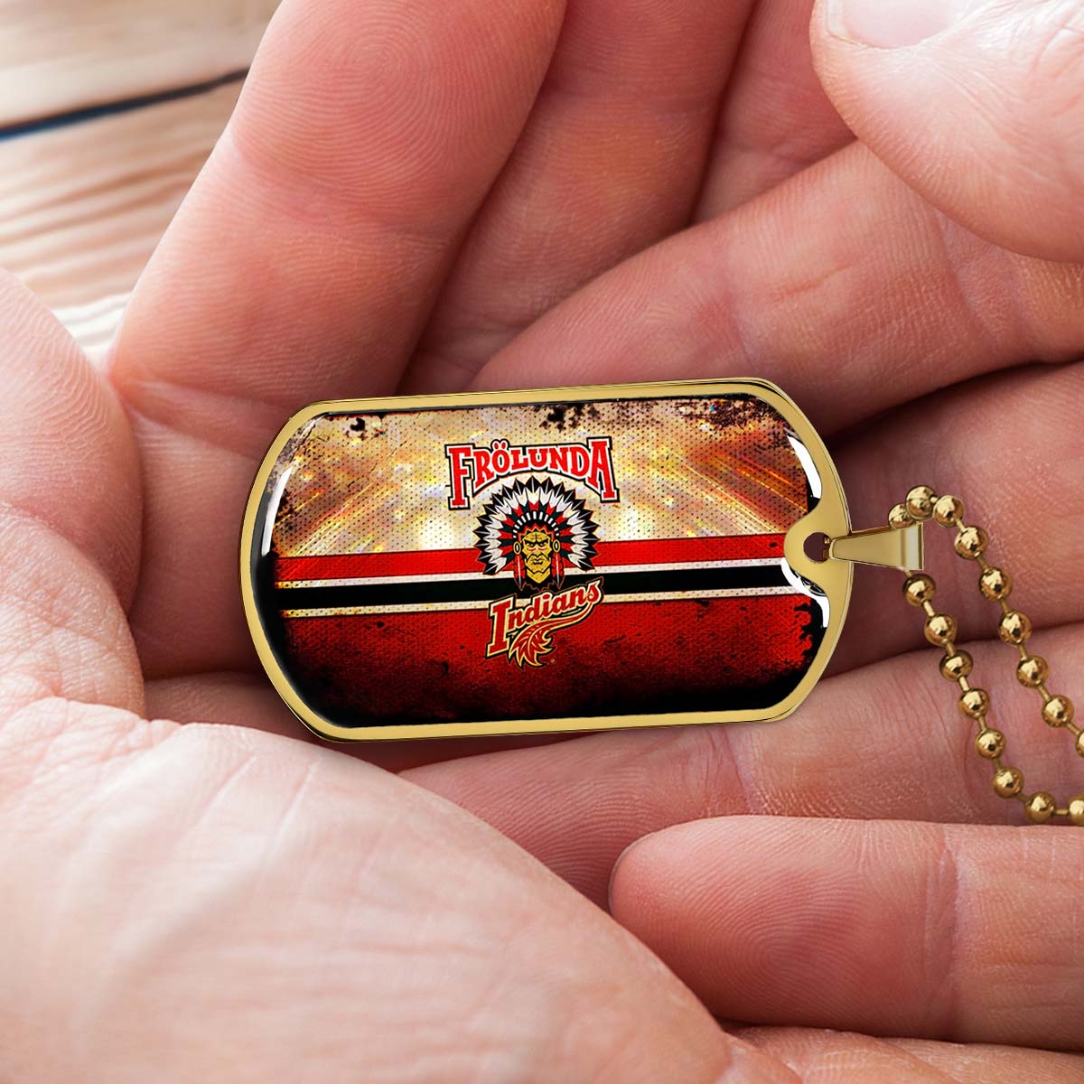 Hockey Dog Tag Necklace - HKD009 - Frolunda Indians - FHC Golden - Military Ball Chain