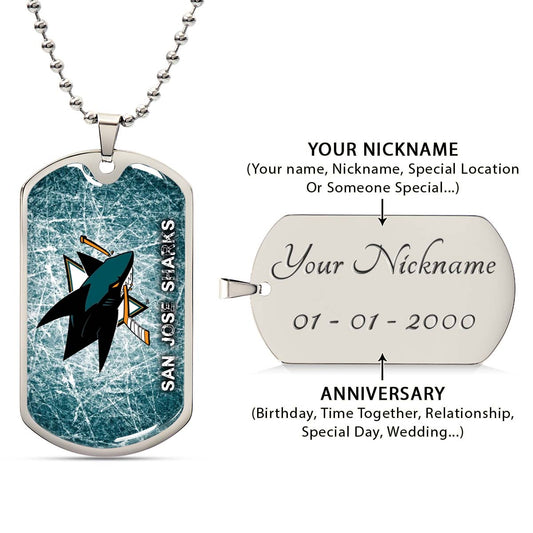 Hockey Dog Tag Necklace - HKD010 - San Jose Sharks - Fierce Hockey Spirit on Ice - Military Ball Chain