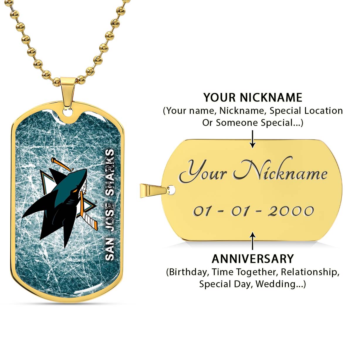 Hockey Dog Tag Necklace - HKD010 - San Jose Sharks - Fierce Hockey Spirit on Ice - Military Ball Chain