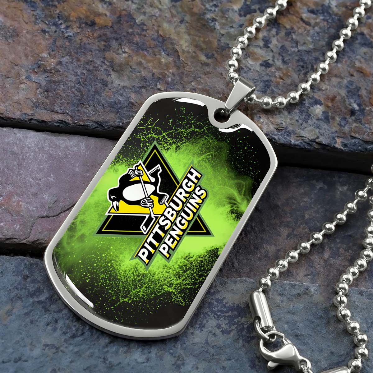Hockey Dog Tag Necklace - HKD011 - Pittsburgh Penguins - Neon Ice Emblem - Military Ball Chain