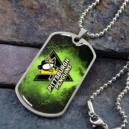 Hockey Dog Tag Necklace - HKD011 - Pittsburgh Penguins - Neon Ice Emblem - Military Ball Chain
