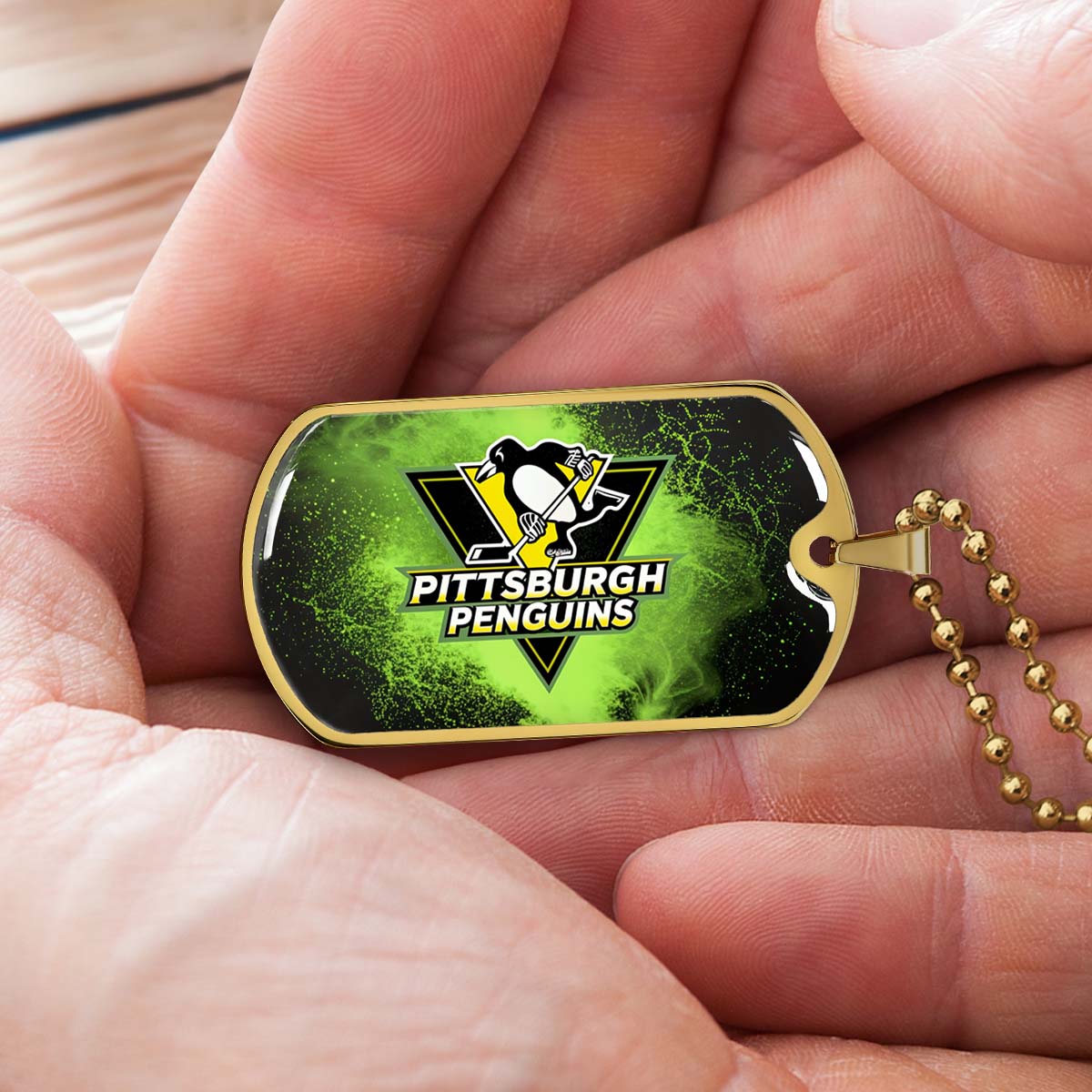 Hockey Dog Tag Necklace - HKD011 - Pittsburgh Penguins - Neon Ice Emblem - Military Ball Chain