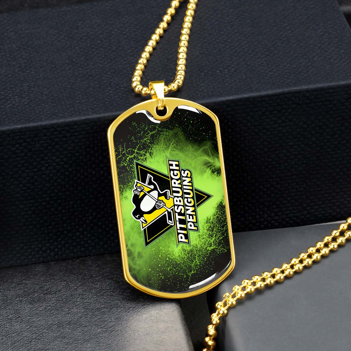 Hockey Dog Tag Necklace - HKD011 - Pittsburgh Penguins - Neon Ice Emblem - Military Ball Chain