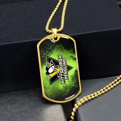 Hockey Dog Tag Necklace - HKD011 - Pittsburgh Penguins - Neon Ice Emblem - Military Ball Chain