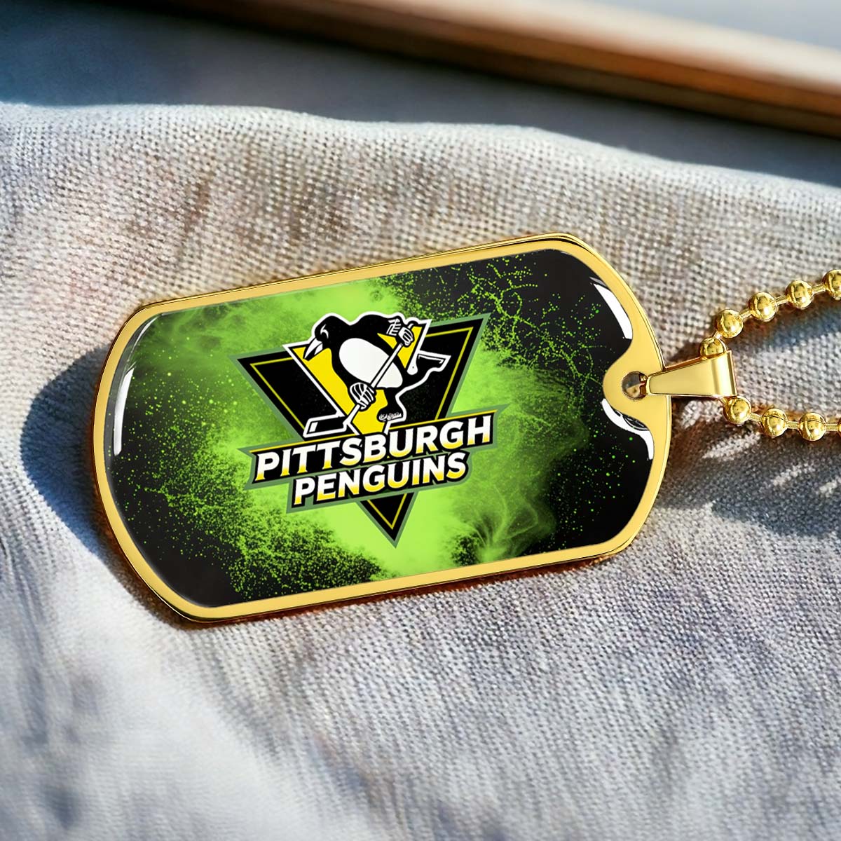 Hockey Dog Tag Necklace - HKD011 - Pittsburgh Penguins - Neon Ice Emblem - Military Ball Chain