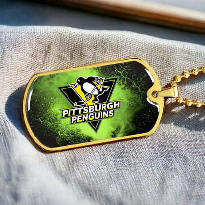 Hockey Dog Tag Necklace - HKD011 - Pittsburgh Penguins - Neon Ice Emblem - Military Ball Chain