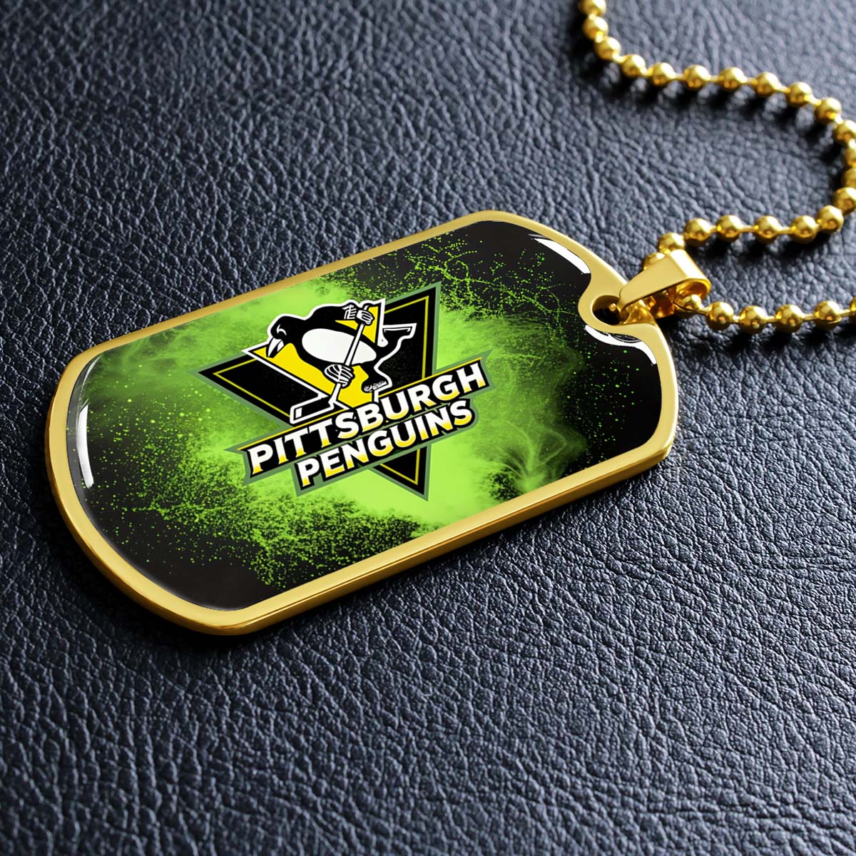 Hockey Dog Tag Necklace - HKD011 - Pittsburgh Penguins - Neon Ice Emblem - Military Ball Chain