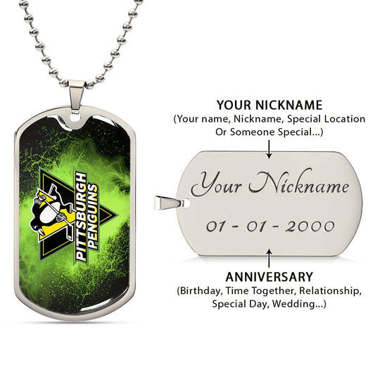 Hockey Dog Tag Necklace - HKD011 - Pittsburgh Penguins - Neon Ice Emblem - Military Ball Chain
