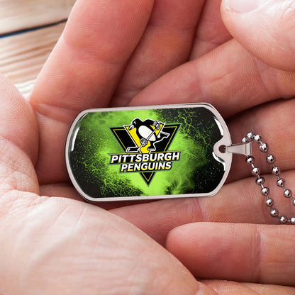 Hockey Dog Tag Necklace - HKD011 - Pittsburgh Penguins - Neon Ice Emblem - Military Ball Chain
