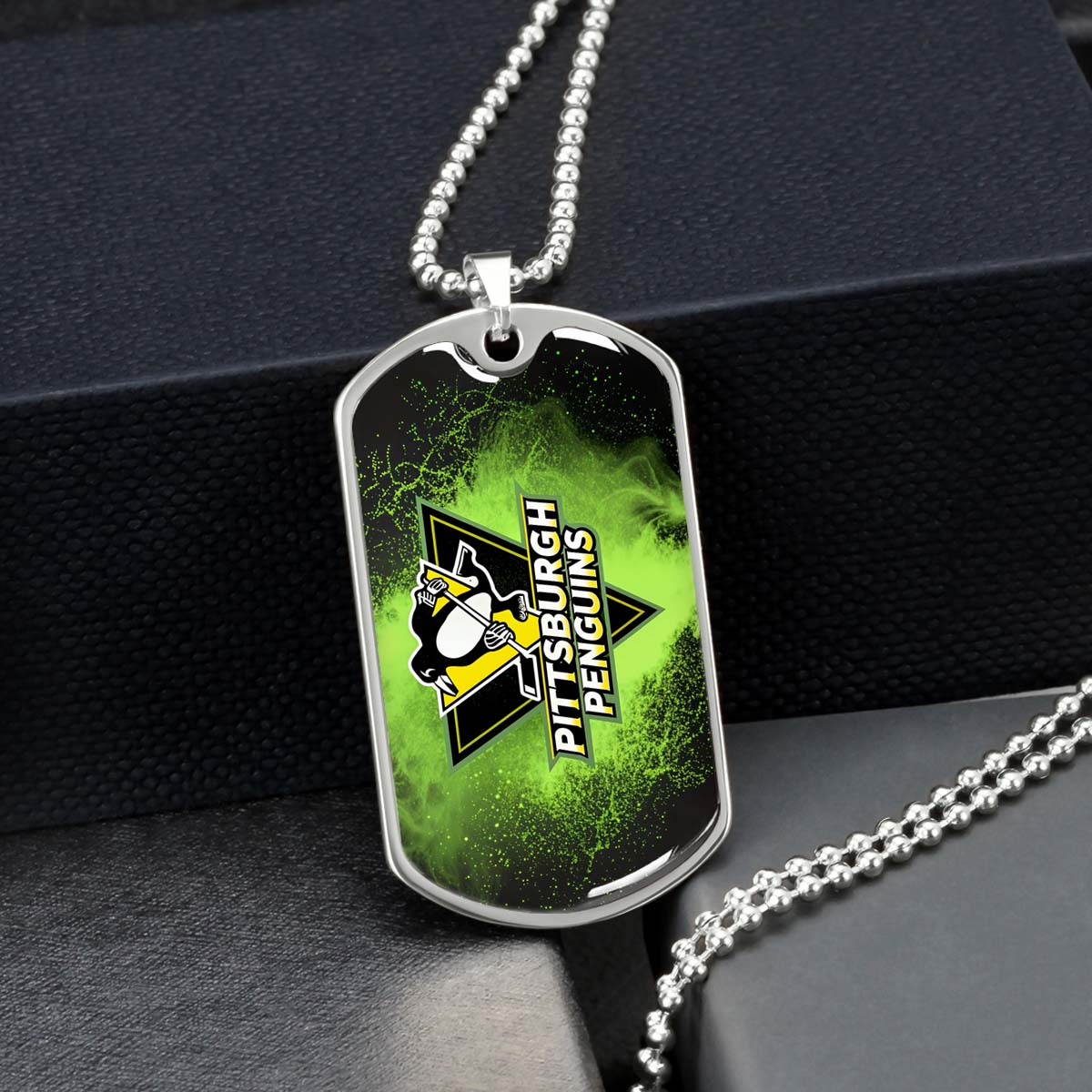 Hockey Dog Tag Necklace - HKD011 - Pittsburgh Penguins - Neon Ice Emblem - Military Ball Chain