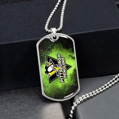 Hockey Dog Tag Necklace - HKD011 - Pittsburgh Penguins - Neon Ice Emblem - Military Ball Chain