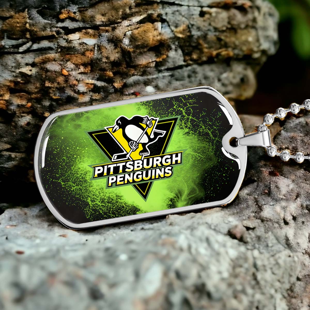 Hockey Dog Tag Necklace - HKD011 - Pittsburgh Penguins - Neon Ice Emblem - Military Ball Chain