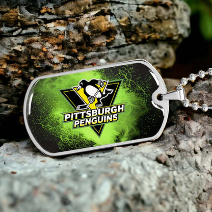 Hockey Dog Tag Necklace - HKD011 - Pittsburgh Penguins - Neon Ice Emblem - Military Ball Chain