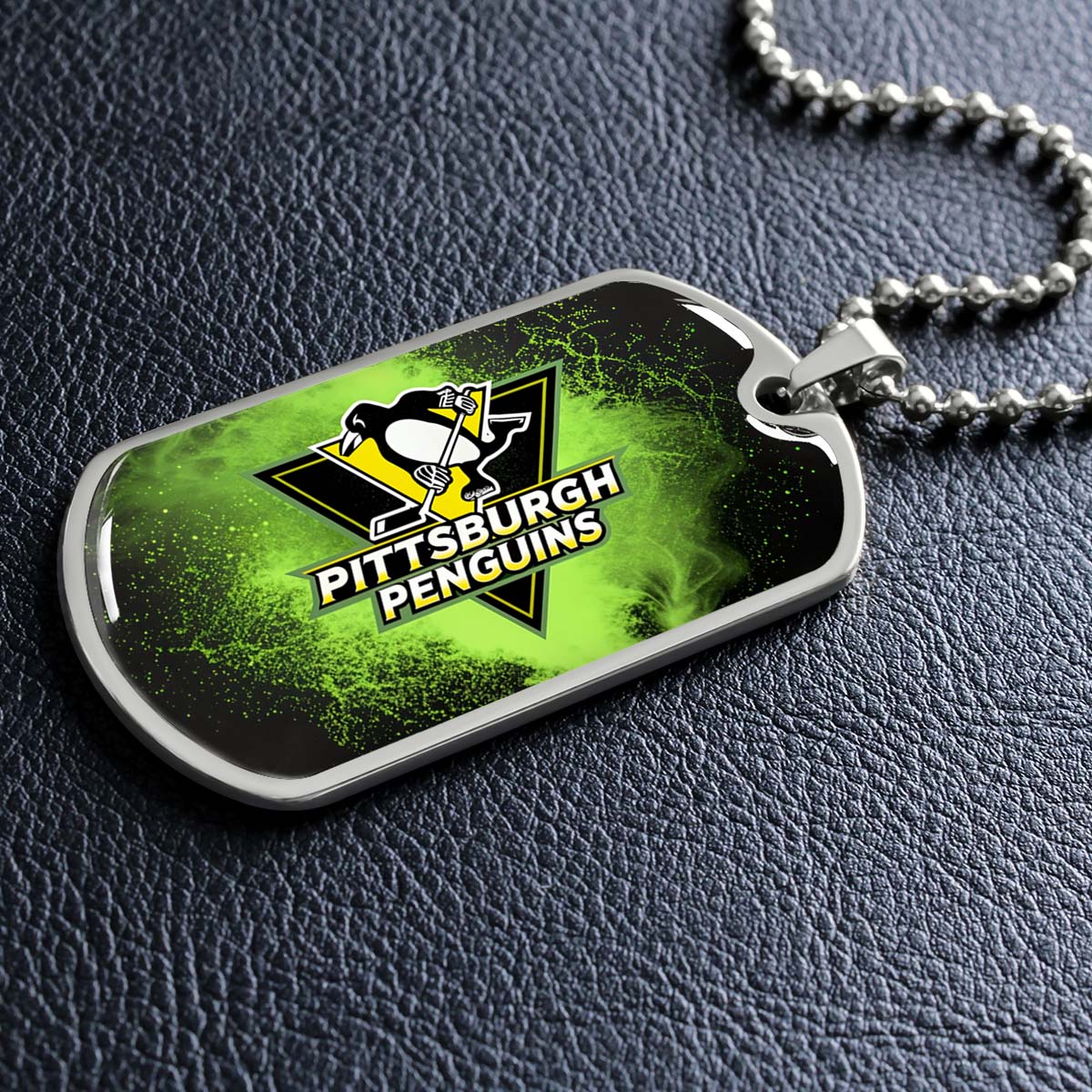 Hockey Dog Tag Necklace - HKD011 - Pittsburgh Penguins - Neon Ice Emblem - Military Ball Chain