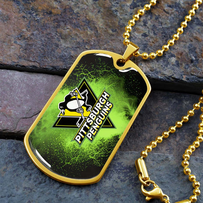 Hockey Dog Tag Necklace - HKD011 - Pittsburgh Penguins - Neon Ice Emblem - Military Ball Chain