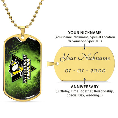 Hockey Dog Tag Necklace - HKD011 - Pittsburgh Penguins - Neon Ice Emblem - Military Ball Chain