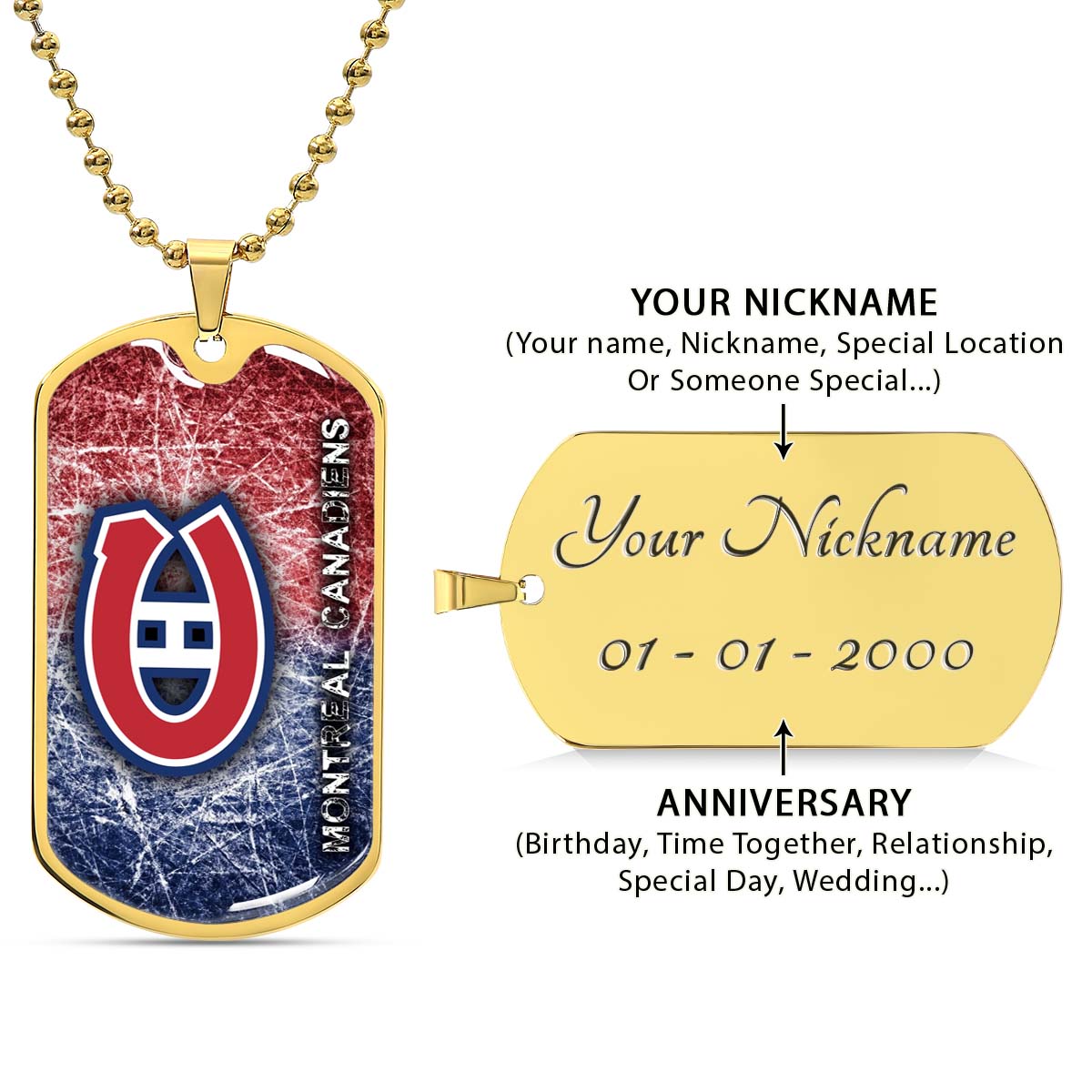 Hockey Dog Tag Necklace - HKD013 - Montreal Canadiens - Military Ball Chain