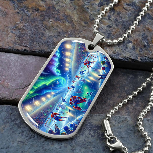 Hockey Dog Tag Necklace - HKD017 - Spectacular Northern Lights NHL Game - Military Ball Chain