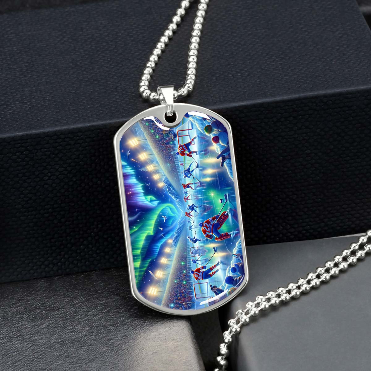 Hockey Dog Tag Necklace - HKD017 - Spectacular Northern Lights NHL Game - Military Ball Chain