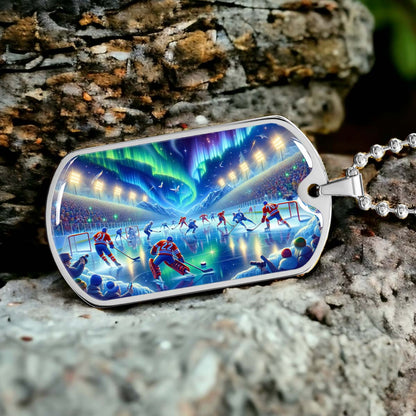 Hockey Dog Tag Necklace - HKD017 - Spectacular Northern Lights NHL Game - Military Ball Chain