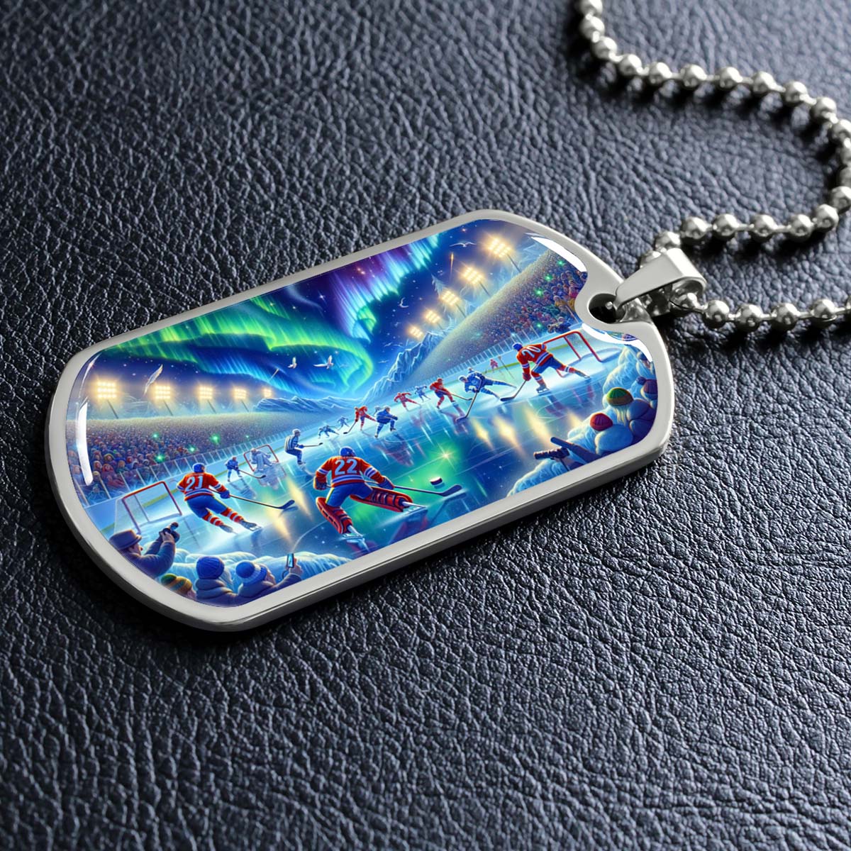 Hockey Dog Tag Necklace - HKD017 - Spectacular Northern Lights NHL Game - Military Ball Chain