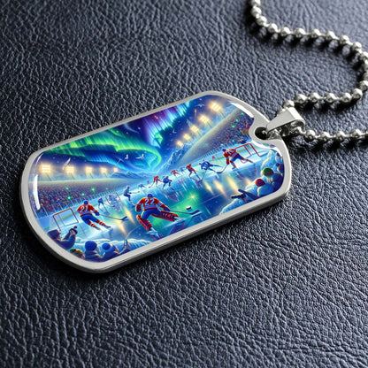 Hockey Dog Tag Necklace - HKD017 - Spectacular Northern Lights NHL Game - Military Ball Chain