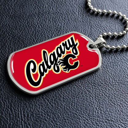 Hockey Dog Tag Necklace - HKD021 - Calgary Flames Sports - Military Ball Chain
