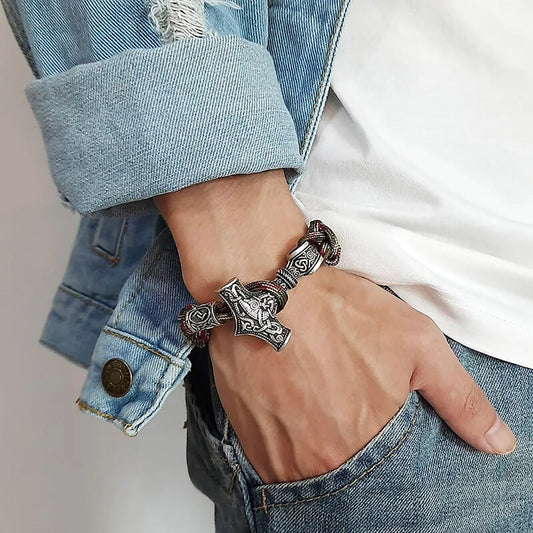 Viking - Men's Vintage Thor Hammer Viking Mjolnir Rope Bracelets, Retro Norse Mythology Runes Amulet Wristband Jewelry