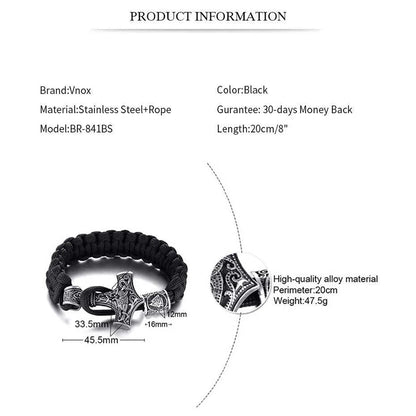 Viking - Men's Vintage Thor Hammer Viking Mjolnir Rope Bracelets, Retro Norse Mythology Runes Amulet Wristband Jewelry