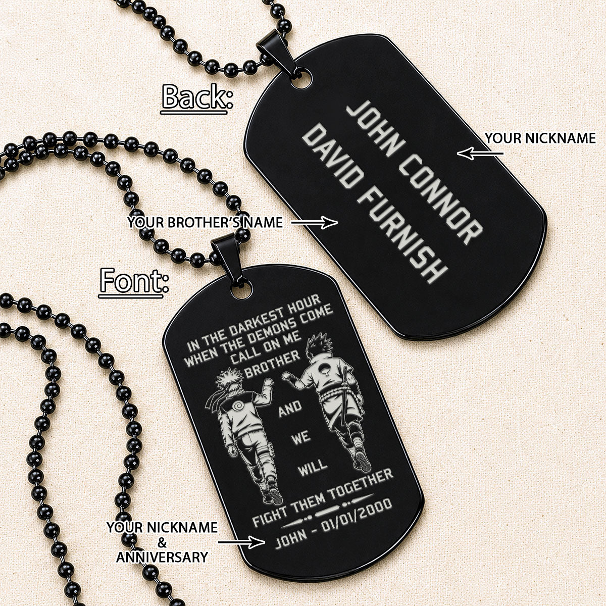 Naruto Engraved Dog Tag Necklace - NAD002 -  Naruto Uzumaki - Sasuke Uchiha - Call On Me Brother
