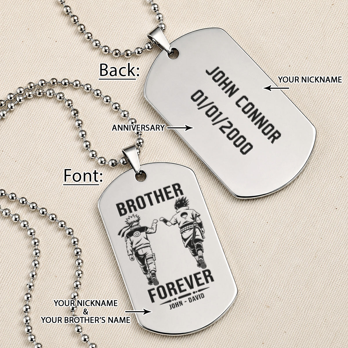 Naruto Engraved Dog Tag Necklace - NAD007 - Naruto Uzumaki - Sasuke Uchiha - Brother Forever