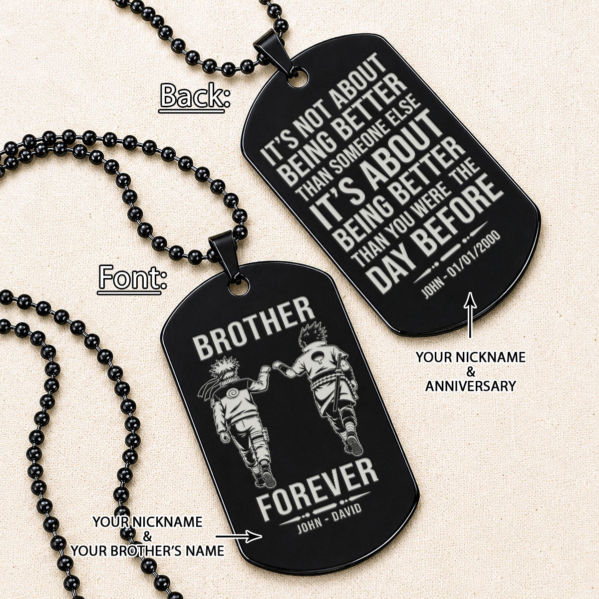 Naruto Engraved Dog Tag Necklace - NAD014 - Naruto Uzumaki - Sasuke Uchiha - Brother Forever