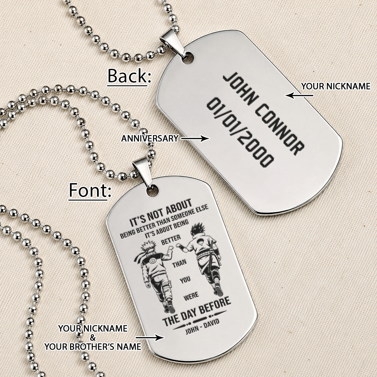 Naruto Engraved Dog Tag Necklace - NAD021 - Naruto Uzumaki - Sasuke Uchiha - Better Than You Were The Day Before