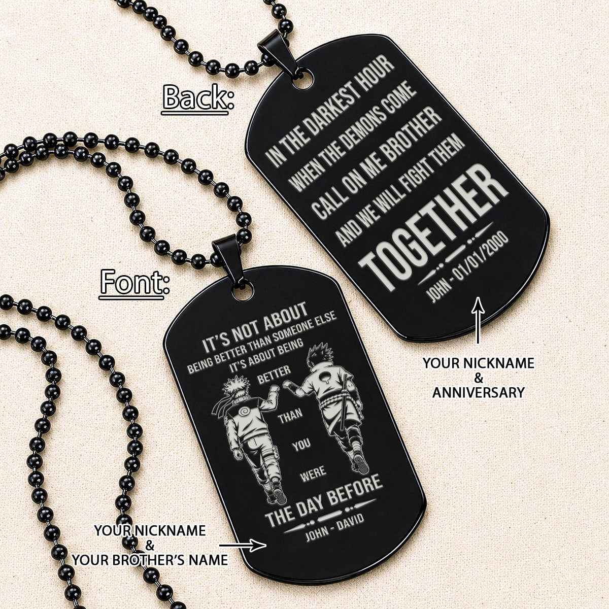 Naruto Engraved Dog Tag Necklace - NAD024 - Naruto Uzumaki - Sasuke Uchiha - Better Than You Were The Day Before