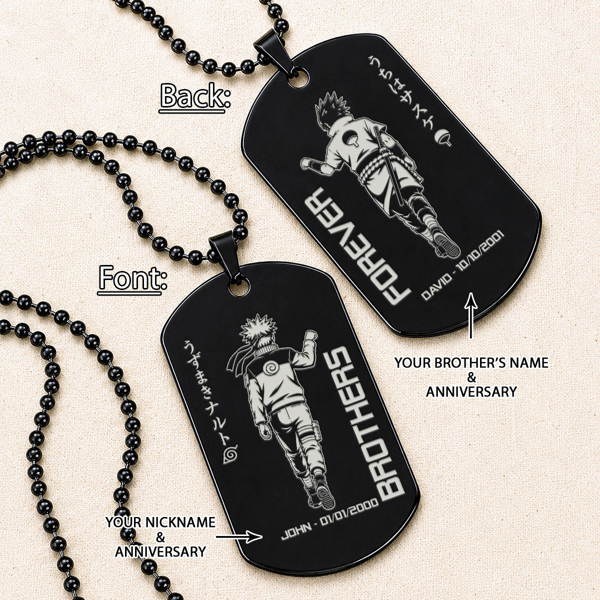 Naruto Engraved Dog Tag Necklace - NAD026 - Naruto Uzumaki - Sasuke Uchiha - Brothers Forever