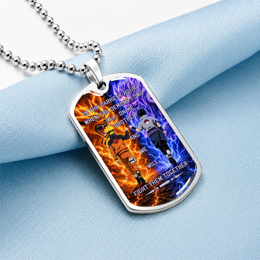 Naruto Dog Tag Necklace - NADL005 - Naruto Uzumaki - Sasuke Uchiha - Call On Me Brother - Military Ball Chain