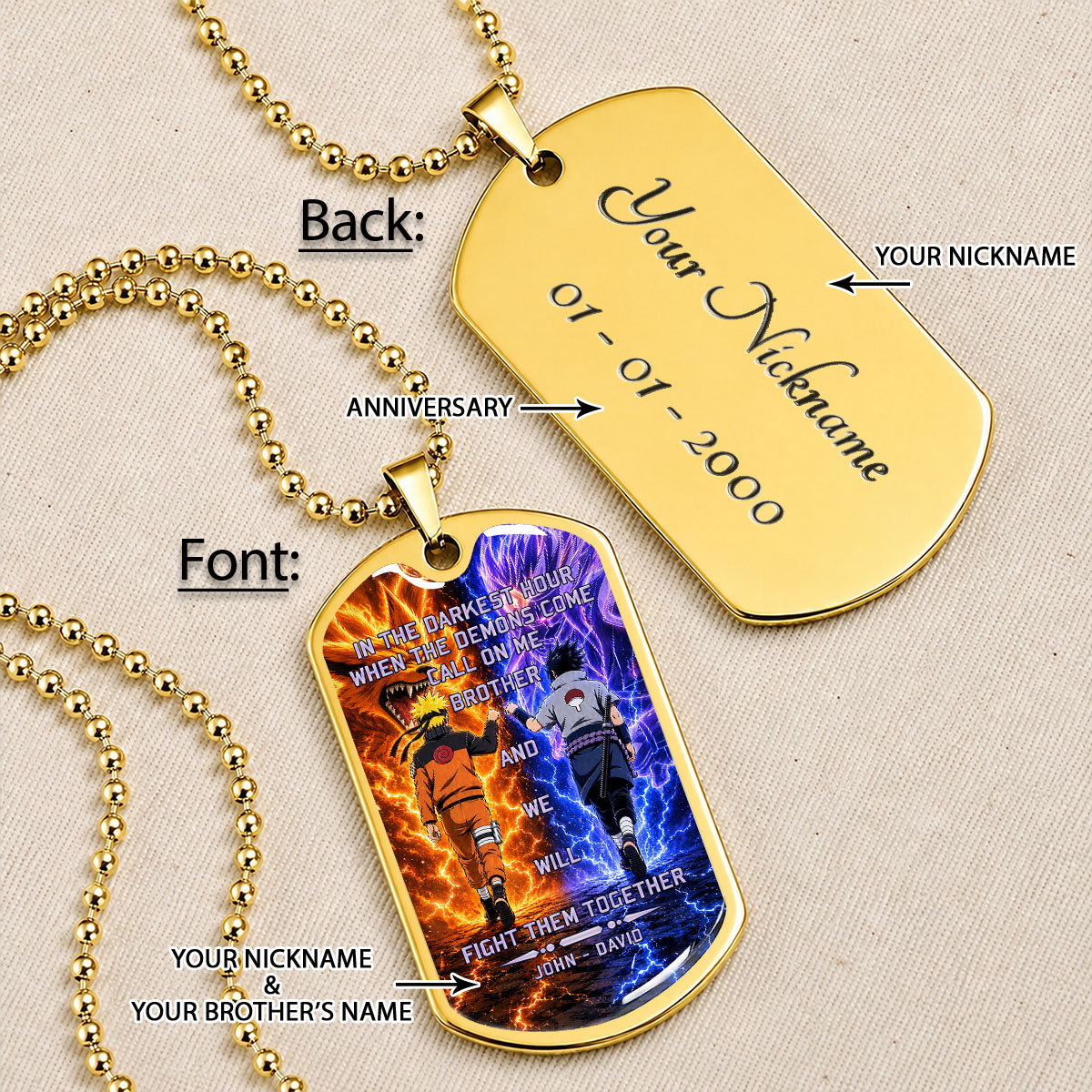 Naruto Dog Tag Necklace - NADL005 - Naruto Uzumaki - Sasuke Uchiha - Call On Me Brother - Military Ball Chain