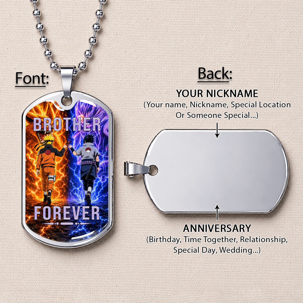 Naruto Dog Tag Necklace - NADL007 - Naruto Uzumaki - Sasuke Uchiha - Brother Forever - Military Ball Chain