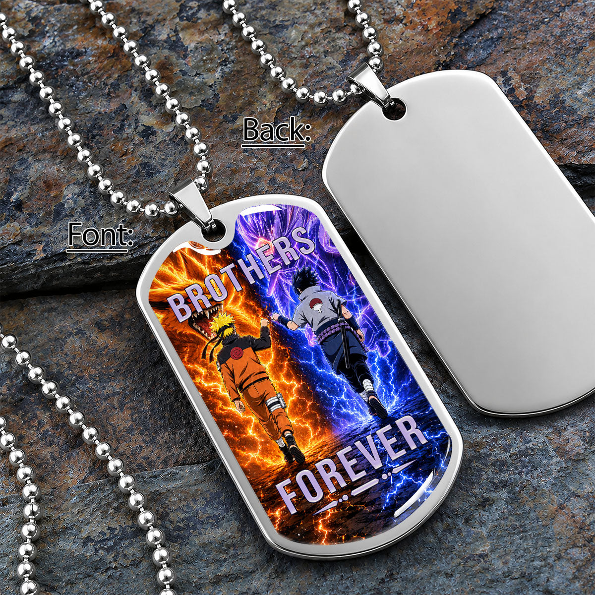 Naruto Dog Tag Necklace - NADL008 - Naruto Uzumaki - Sasuke Uchiha - Brothers Forever - Military Ball Chain