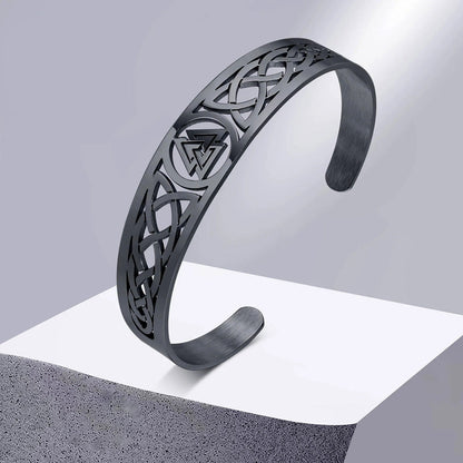Viking - Nordic Viking Knot Bracelets for Men, Black Silver Color Hollow Stainless Steel Cuff Bangle, Amulet Protection Wristband
