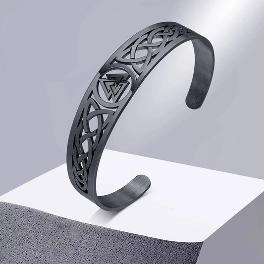 Viking - Nordic Viking Knot Bracelets for Men, Black Silver Color Hollow Stainless Steel Cuff Bangle, Amulet Protection Wristband