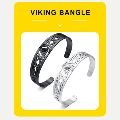 Viking - Nordic Viking Knot Bracelets for Men, Black Silver Color Hollow Stainless Steel Cuff Bangle, Amulet Protection Wristband